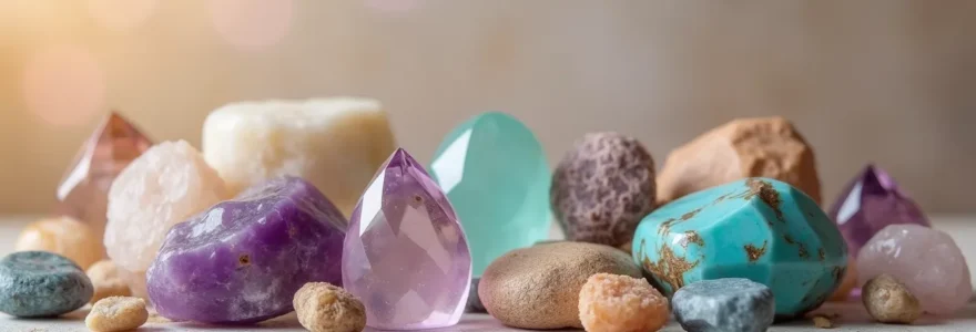 Bannière illustrant une collection de bijoux créatifs en pierres semi-précieuses avec une mise en scène élégante sur fond neutre