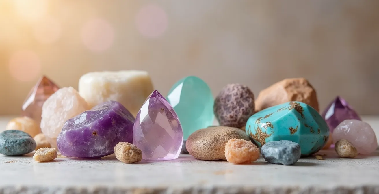 Bannière illustrant une collection de bijoux créatifs en pierres semi-précieuses avec une mise en scène élégante sur fond neutre